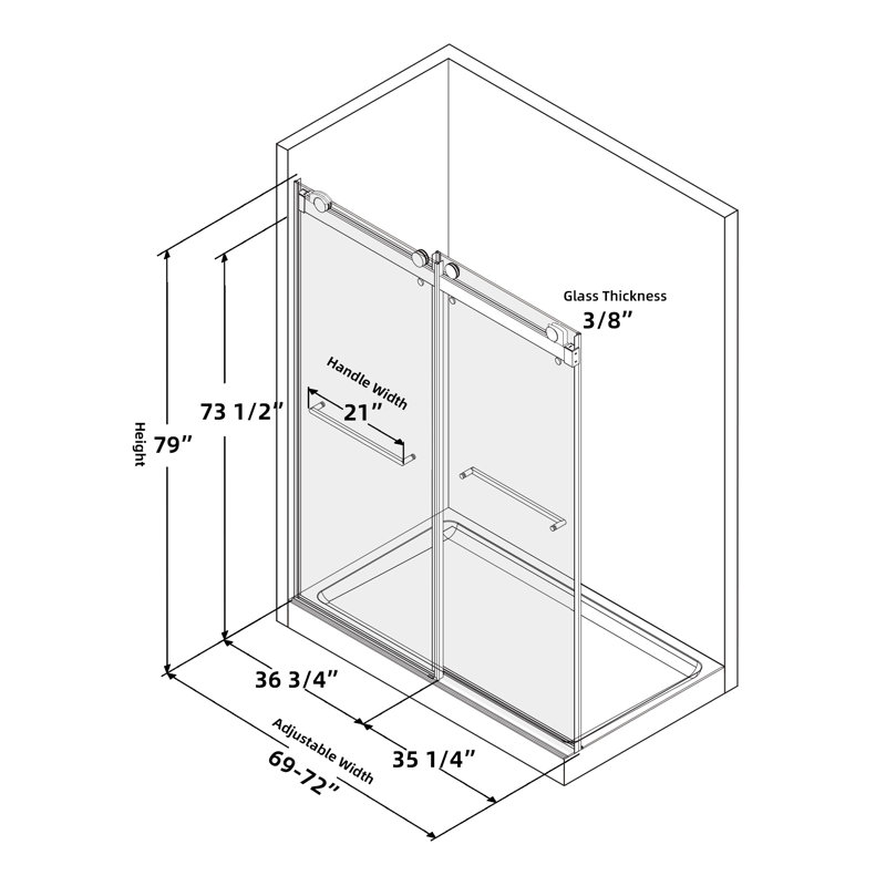 Porte de douche sans cadre à porte coulissante double l 72 po x H 79 po, Noir