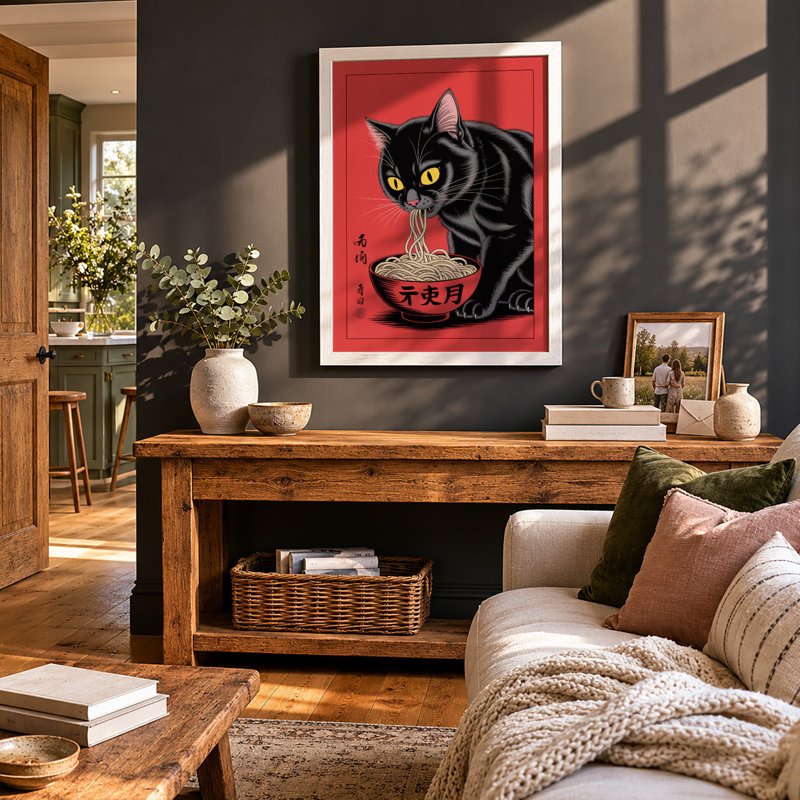 Lucky Cat With Noodles Japandi - Print, A3 - 42.0 x 29.7 cm, White