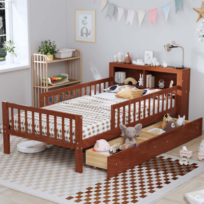 Lit simple avec rangement pour tête de lit, tiroirs sous le lit et garde-corps de sécurité pour un maximum de confort et d'organisation
