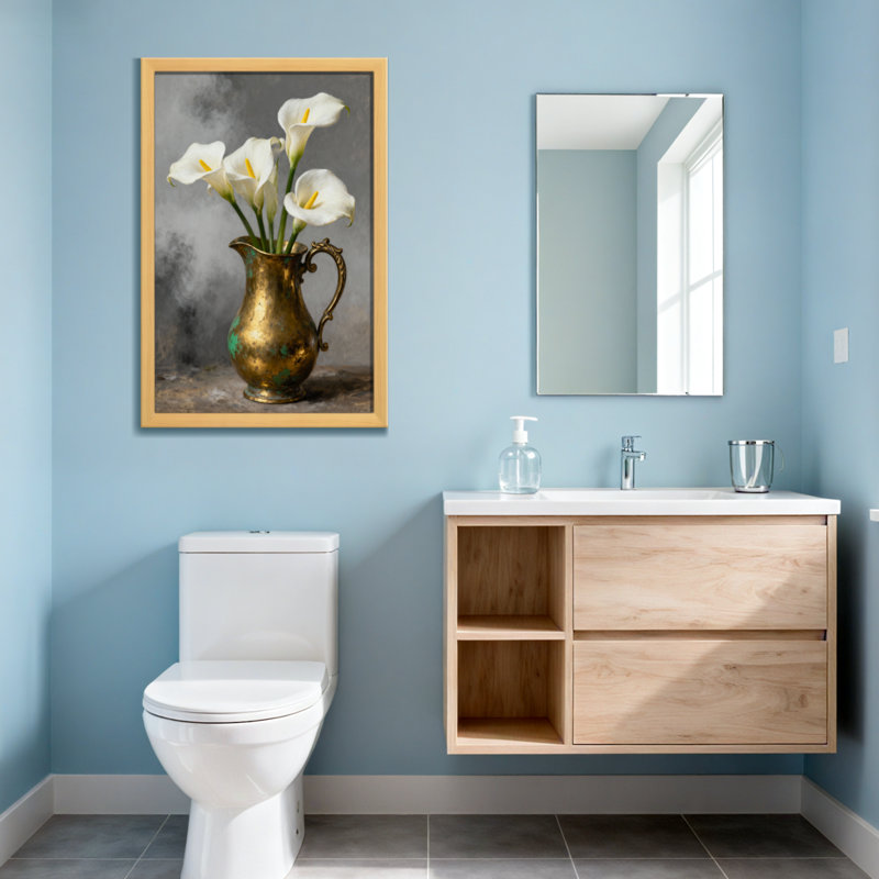 Plantes et fleurs lis de Calla blancs dans un vase en bronze, H 36 po x l 24 po, Toile tendue, Ne s’applique pas