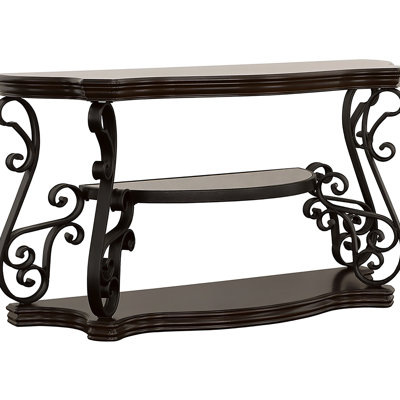 2 - Shelf Table With Dark Colored Wood, Cherry Veneer And Metal Legs For Display In Living Rooms Rectangular Console Rich Wood Finish Veneer, Intricate Bronze Legs, Polished Wooden Shelves Storage