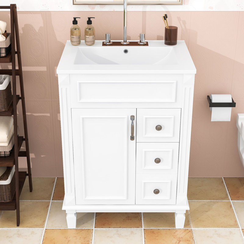 Compact Bathroom Vanity with Retro Charm: French-Inspired Design, Premium Sink, White