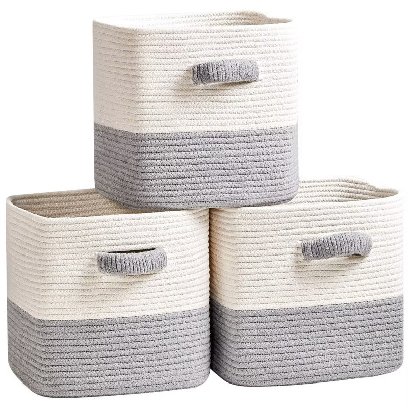 Gracie Oaks Fabric Decorative Basket, Gray/White