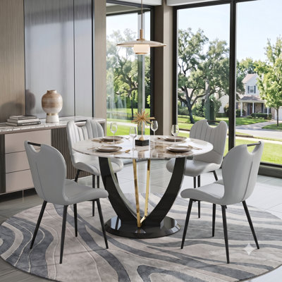 5-Piece Round Dining Table Set for 4, 35.4" Tempered Glass Tabletop with Faux Leather Chairs, MDF Pedestal Base, Modern Dining Room Set