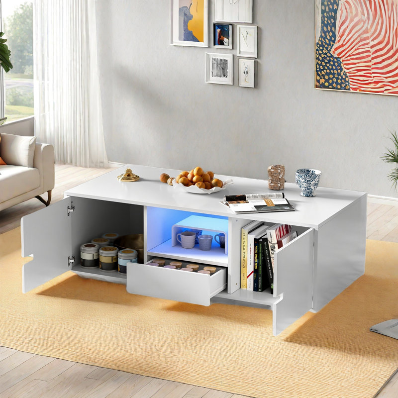 Modern High Glossy Rectangle Coffee Table With 2 Cabinets, One Drawer, 16 Colour Led Lights And An Open Shelf, White