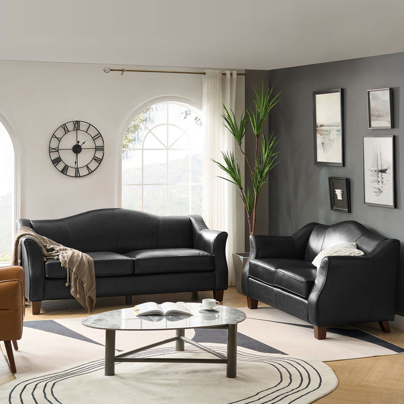 Prayan 78.85" Genuine Leather Living Room Set, Black Genuine Leather