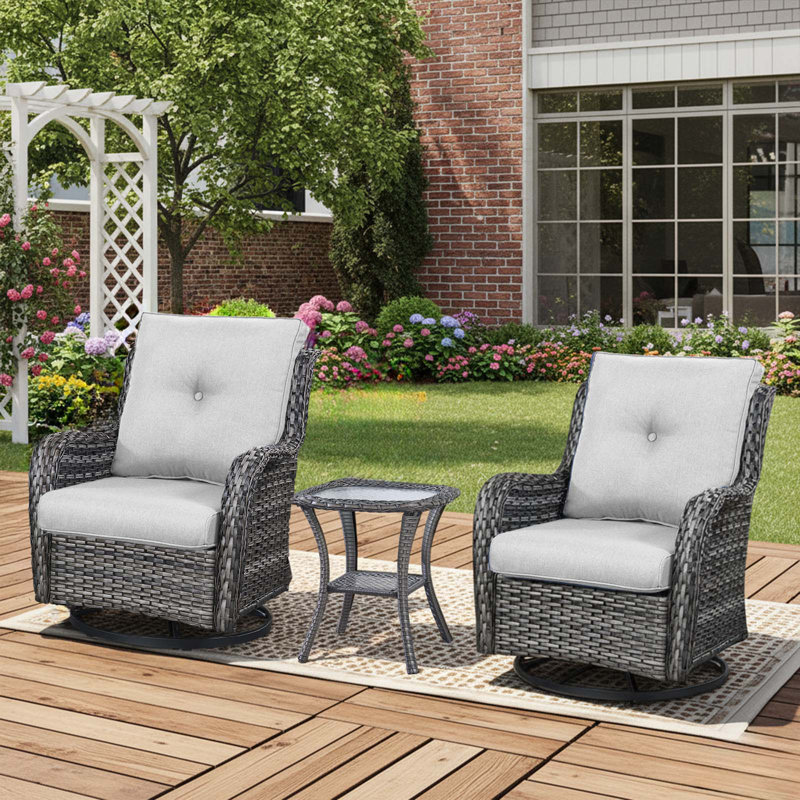 Schutt 3 Piece Patio Set Outdoor Wicker Glider Rocking and Swivel Chairs with Cushions, Beige, Light Gray