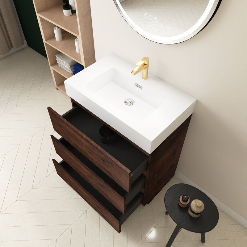 Romen 29.9'' Single Bathroom Vanity with Quartz Top, Walnut, White