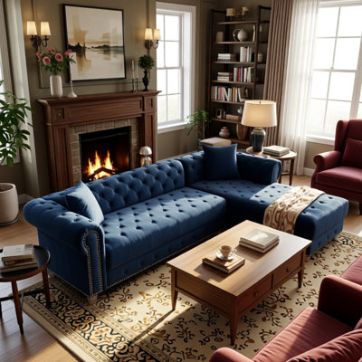 Joannette Polyester Blend Tufted Sofa & Chaise Sectional with Nailhead Trim