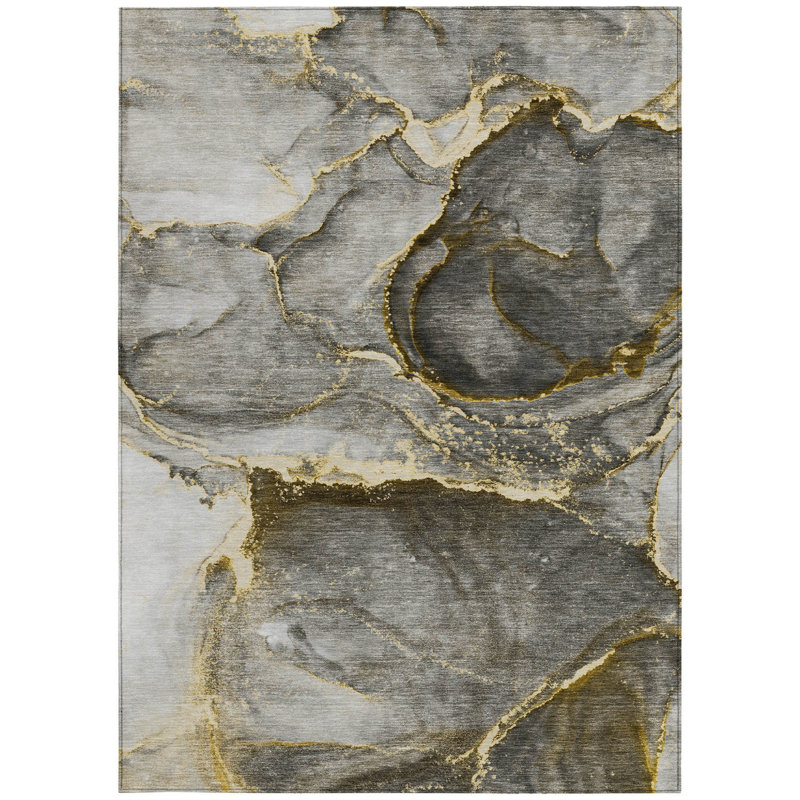 3' X 5' Gray and Gold Abstract Washable Non Skid Indoor Outdoor Area Rug