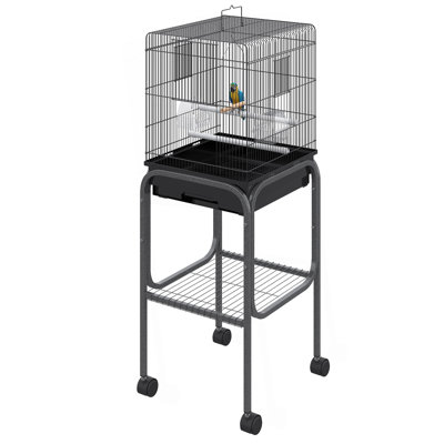 Pawhut 45-Inch Metal Indoor Bird Cage, Parrot Cage, Bird Aviary With Detachable Rolling Stand, Storage Basket, And Accessories - Black