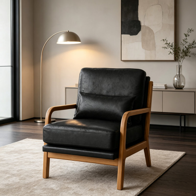 Chaise longue en bois, Black Faux Leather
