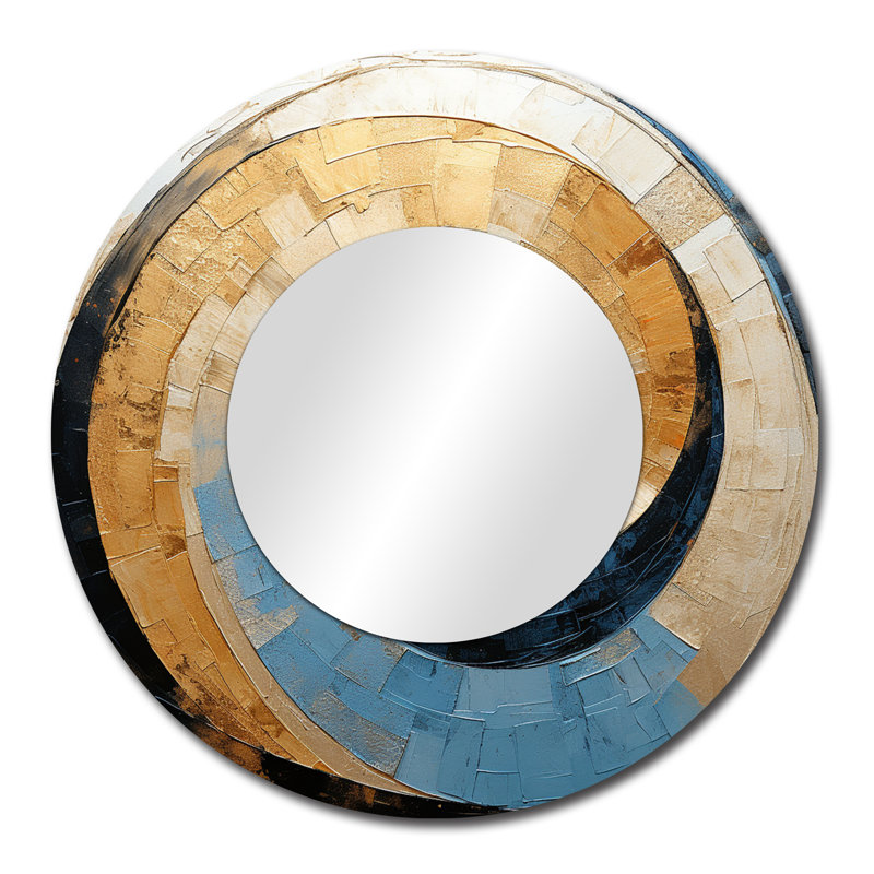 Gold Blue Minimalism Spiral Poteries I - Abstract Spirals Wall Mirror, Gold Round Decorative Mirror, Printed Metal Art