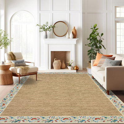 Floral Bordered Machine Washable Rug with Non-Slip Backing Non-Shedding Foldable Soft Low Pile Indoor Carpet