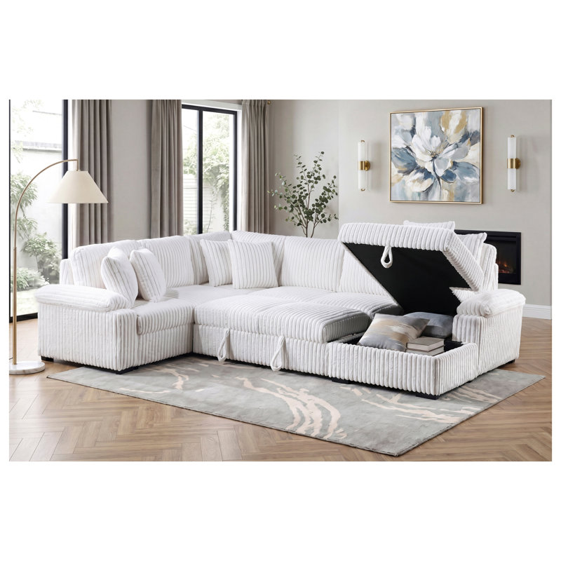 Ensemble de canapé modulaire 3 pièces en velours côtelé blanc avec rangement et méridienne