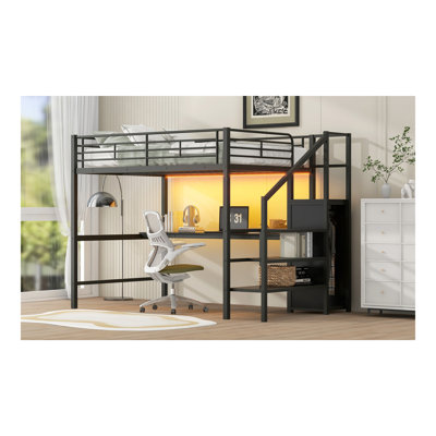 Lit mezzanine double en métal avec bureau, escalier de rangement, petite armoire et lumière DEL, noir