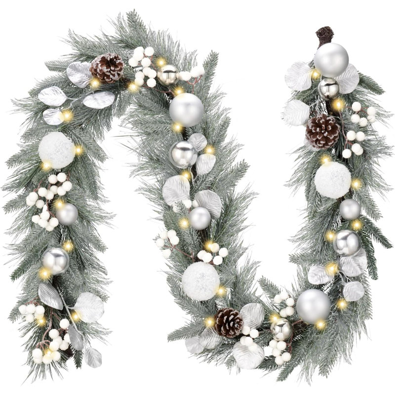 Pre-Lit Christmas Garland With Light For Mantle, Lighted Battery Operated Xmas Garland With Ball For Front Door Fireplace Table Centerpiece Outdoor Window Home Decor