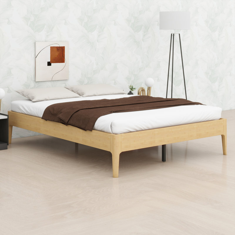Classic Wood Platform Bed Frame with Wood Slat Metal Support, Natural, Queen
