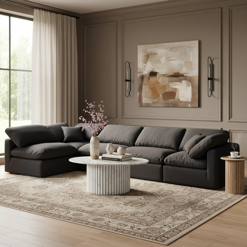 Canapé modulaire en coin 5 pièces Hinami, Tissu texturé en lin noir