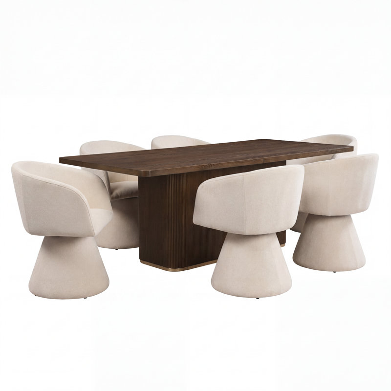 Swainswick 7-Piece Dining Table Set With 180° Swivel Chairs & Wooden Tabletop, Beige, Walnut