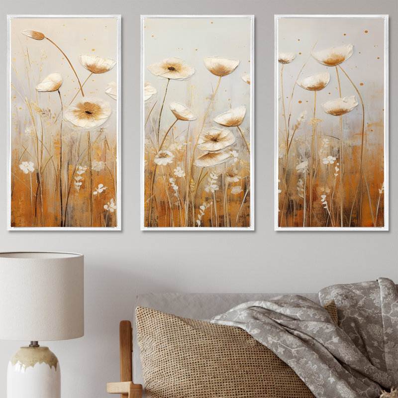 Ensemble de décorations murales Beige Wildflowers Garden Whispers II - Wildflowers, Cadre flottant blanc