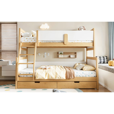 Twin over Full Bunk Bed with Storage Drawers, Solid Wood Bunk Bed with Support Slats, and Convertible Design