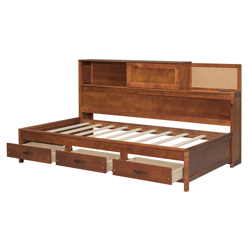 Twin Size Wooden Daybed with 3 Drawers, USB Ports, Power Outlets, Shelf & Upholstered Headboard, Walnut