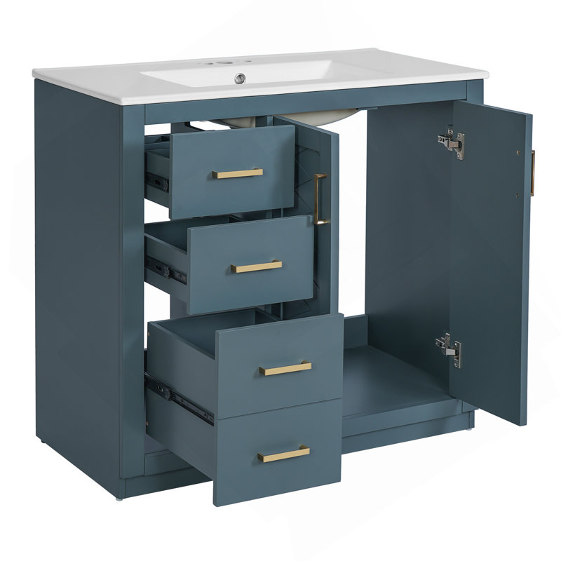 Meuble-lavabo 72 po avec lavabo en céramique (séparé), armoire de rangement en bois massif, ensemble de meuble-lavabo autoportant avec tiroirs et portes à fermeture douce