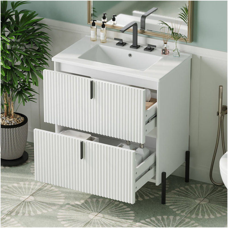 Meuble-lavabo de 30 po avec lavabo en céramique, équipé de poignées verticales et de tiroirs pleine extension, meuble-lavabo autoportant avec glissières de tiroir à fermeture en douceur, conception cannelée, blanc