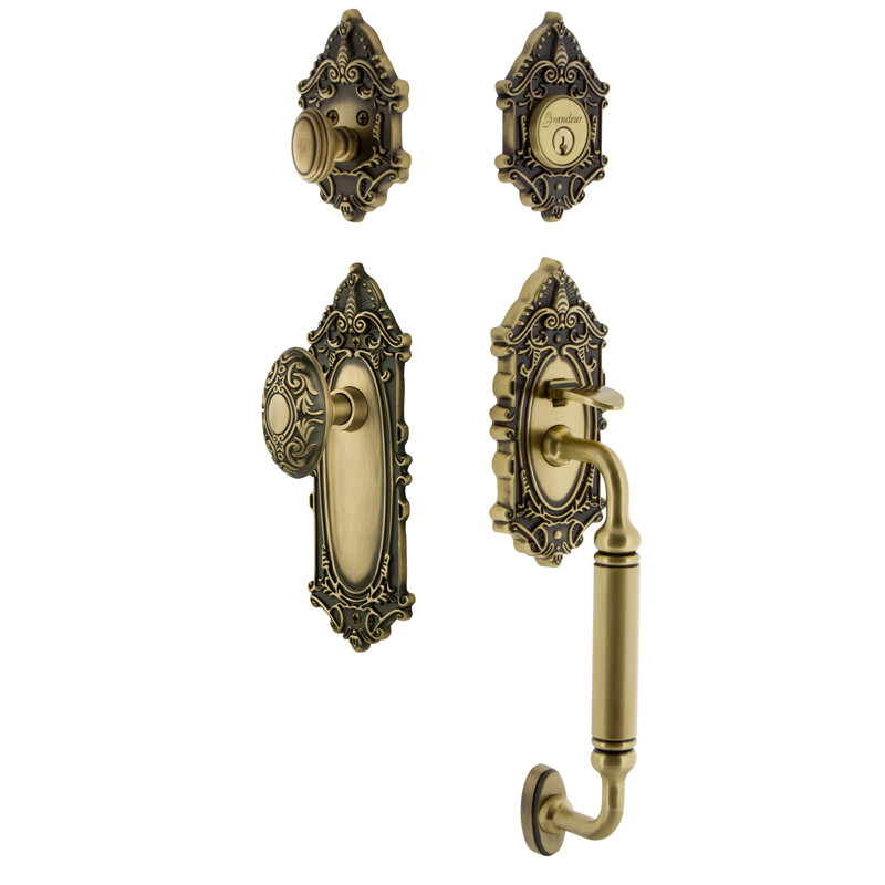 Grande Victorian Handleset with Single Cylinder Deadbolt and Door Knob and Rosette, 2.375", Vintage Brass