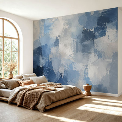 Papier peint adhésif autocollant amovible de style aquarelle abstraite de style grunge blanc bleu blanc pour salon Chambre H 69 po x l 96 po