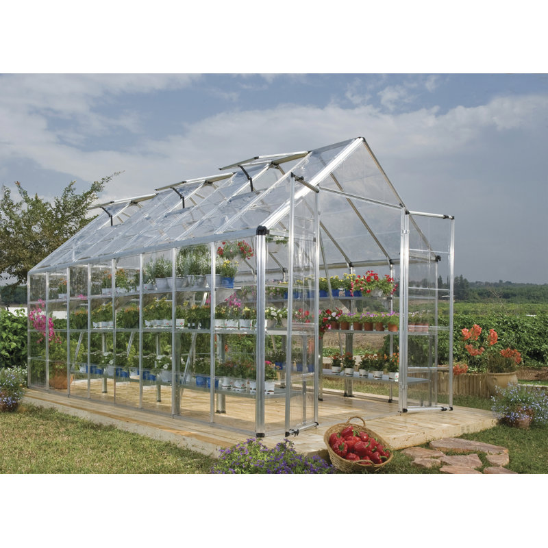 Palram - Canopia Snap & Grow 8' W x 16' D Walk-In Hobby Polycarbonate Aluminum Frame Greenhouse Kit with Roof Vents - Silver