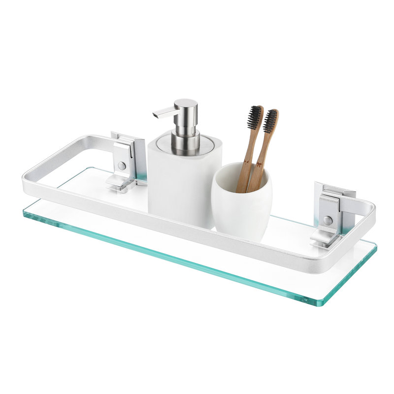 Wall Mounted Rectangle Glass Shelf with Aluminum Silver Rails, Extra Thick Tempered Glass Floating Shelf for Bathroom Storage
