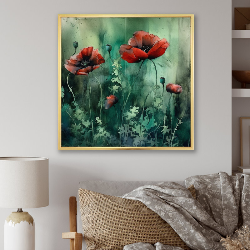 Emerald Vibrant Poppies II, H 36 po x l 36 po x P 1,5 po, Cadre flottant doré