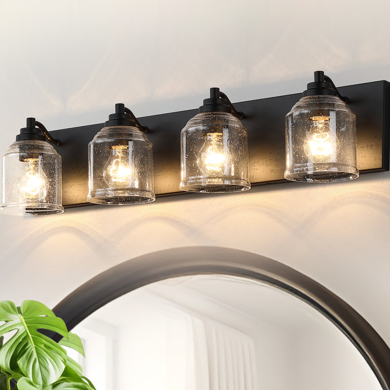 Luminaire de salle de bain à intensité variable à 4 lumières de style campagne 31,5 po avec abat-jour en verre bullé, 4