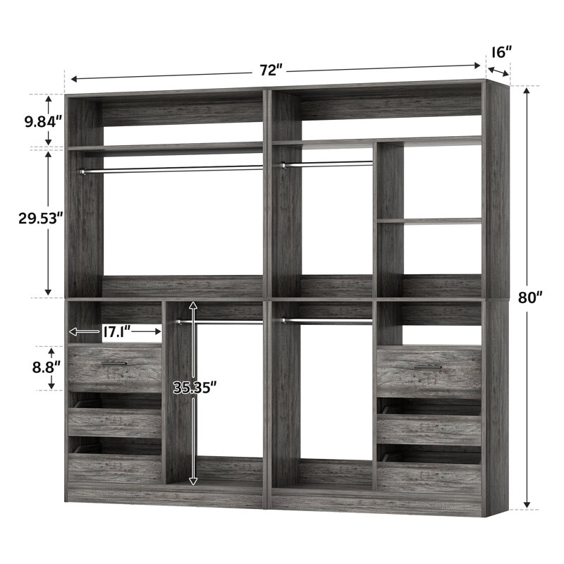 72"Closet System With 6 Drawers And 4 Rods, Gray