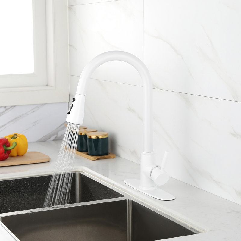 Robinet de cuisine blanc en acier inoxydable, douchette extractible pour une cuisine élégante et pratique, buse rotative à 360 °, deux réglages de débit d'eau, efficacité en une seule opération facile,