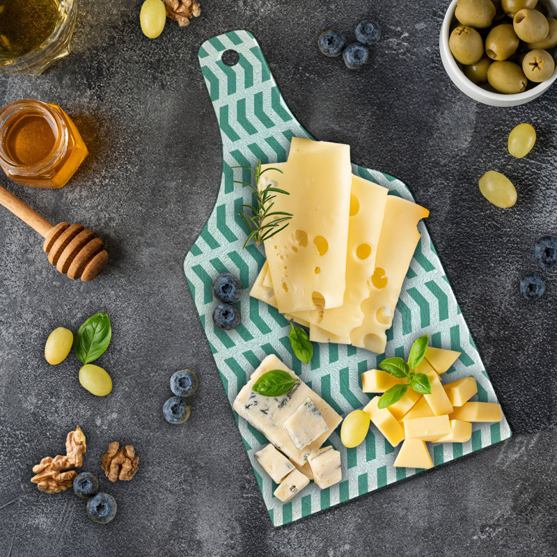 Teal and White Rectangular Glass Cutting Board with Chevron Pattern
