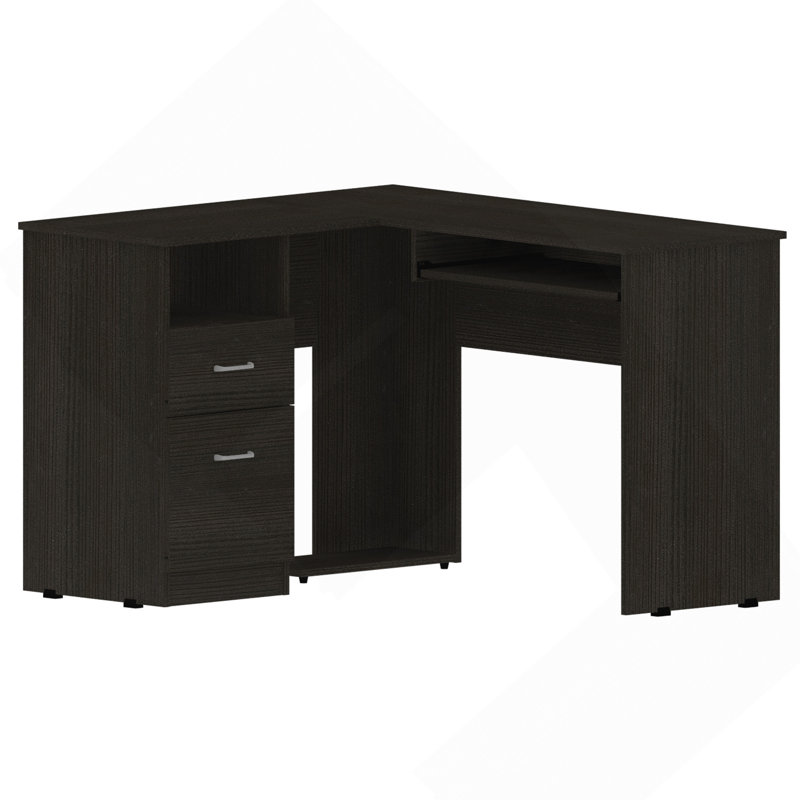 Bureau d'ordinateur en L noir à 2 tiroirs et 1 tablette