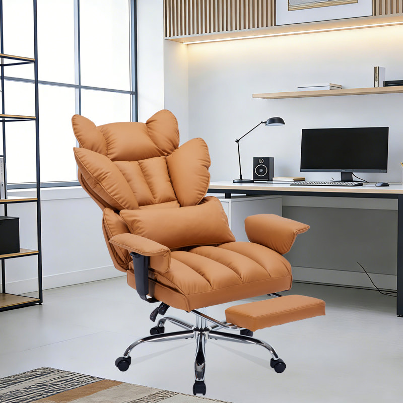 Grande et haute chaise de bureau ergonomique - Chaise d'ordinateur en cuir PU à dossier haut - Dossier réglable, soutien lombaire, base pivotante, repose-pieds, capacité de 250 kg - Curcuma