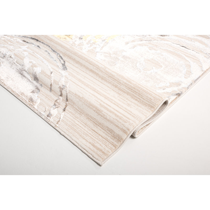 Tapis géométrique crème, Rond 5 pi 3 po