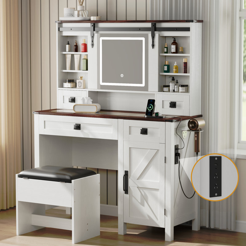 Meuble-lavabo blanc 41,7 po avec miroir à DEL, table de maquillage avec tiroirs et prises, plateau de table et tabouret en verre 