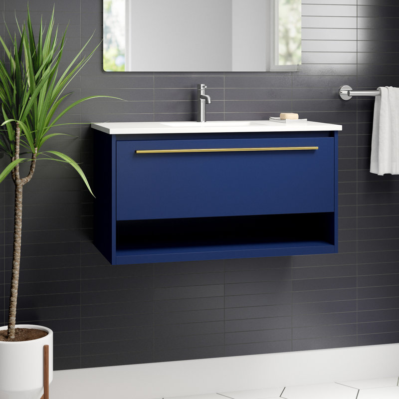 Roman 36'' Single Bathroom Vanity with Engineered Marble Top, Blue