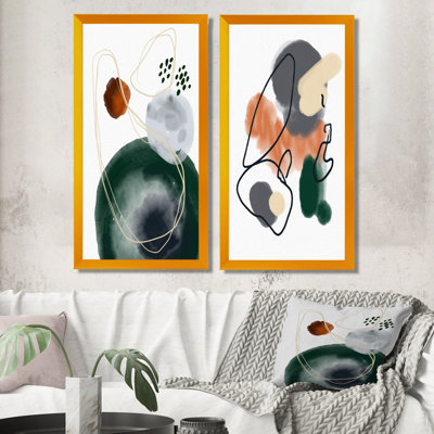 «Dark Green and Orange Abstract Composition», ensemble de 2 peintures sur toiles