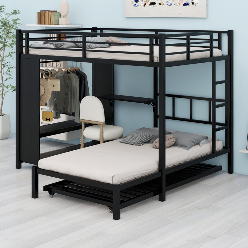Lit superposé avec garde-robe intégrée, lit gigogne et bureau pliable