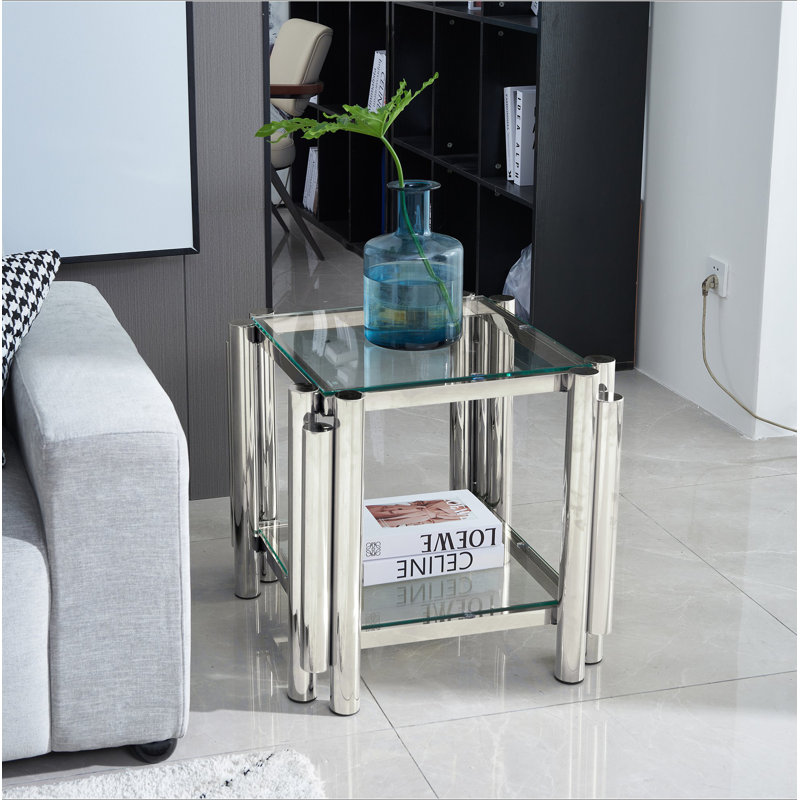 Table de bout carrée 20 pouces, table de bout moderne en acier inoxydable, table basse en verre trempé transparent double couche, table d'appoint avec rangement, pour le bureau à domicile