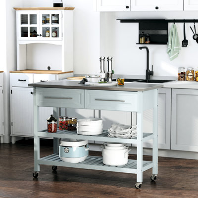 Îlot de cuisine mobile avec surface en acier inoxydable, 2 tablettes ouvertes, tiroirs, gris, pour un dessus de chariot polyvalent et polyvalent