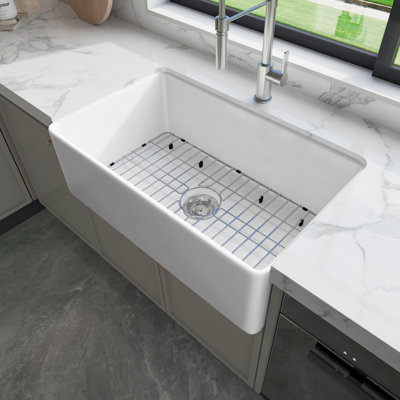 Sinber 30" White Fireclay Farmhouse Apron-Front Single Bowl Kitchen Sink with 2 Accessories