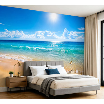 Papier peint adhésif auto-adhésif Golden Sandy Beach Turquoise Ocean Waves Bright Sunshine