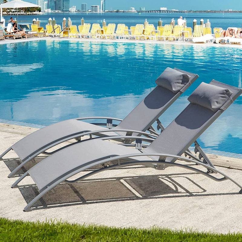 Modern Curved Outdoor Chaise Lounge - Adjustable , Gray 2 Chairs : & Pillow. Rust- Aluminum Frame. . For Sunbathing, Patio.